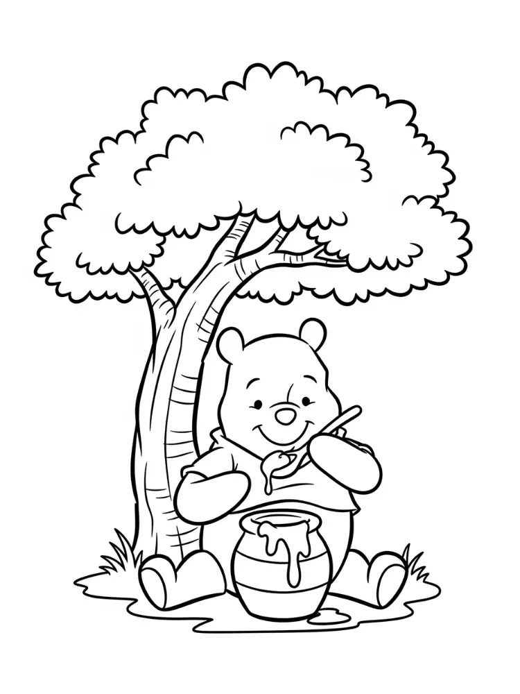 Kleurplaat Winnie the Pooh 10 poeh rust uit onder de boom kleurplaat
