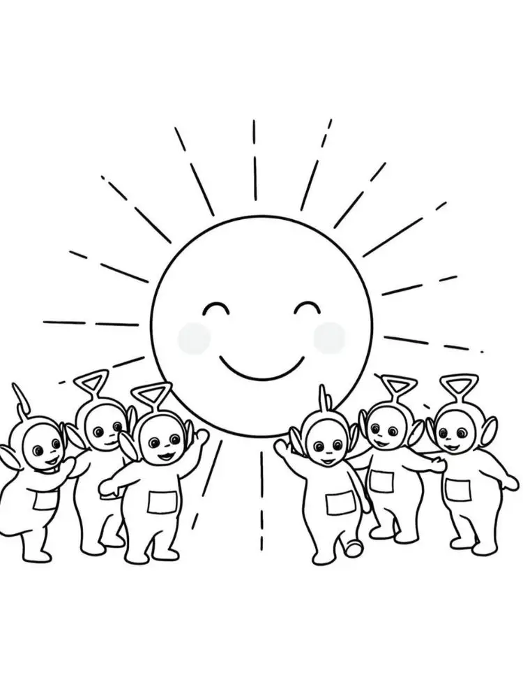 Teletubbies kleurplaat 9 teletubbies en de lachende zon kleurplaat