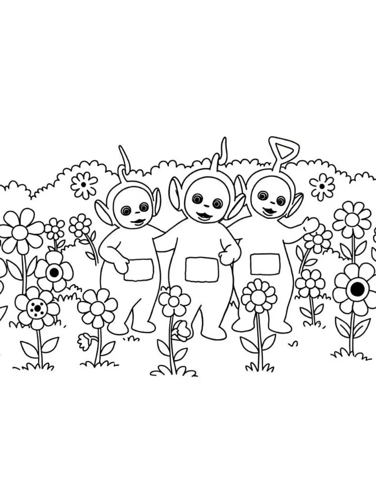 Teletubbies kleurplaat 10 teletubbies tussen de bloemen kleurplaat