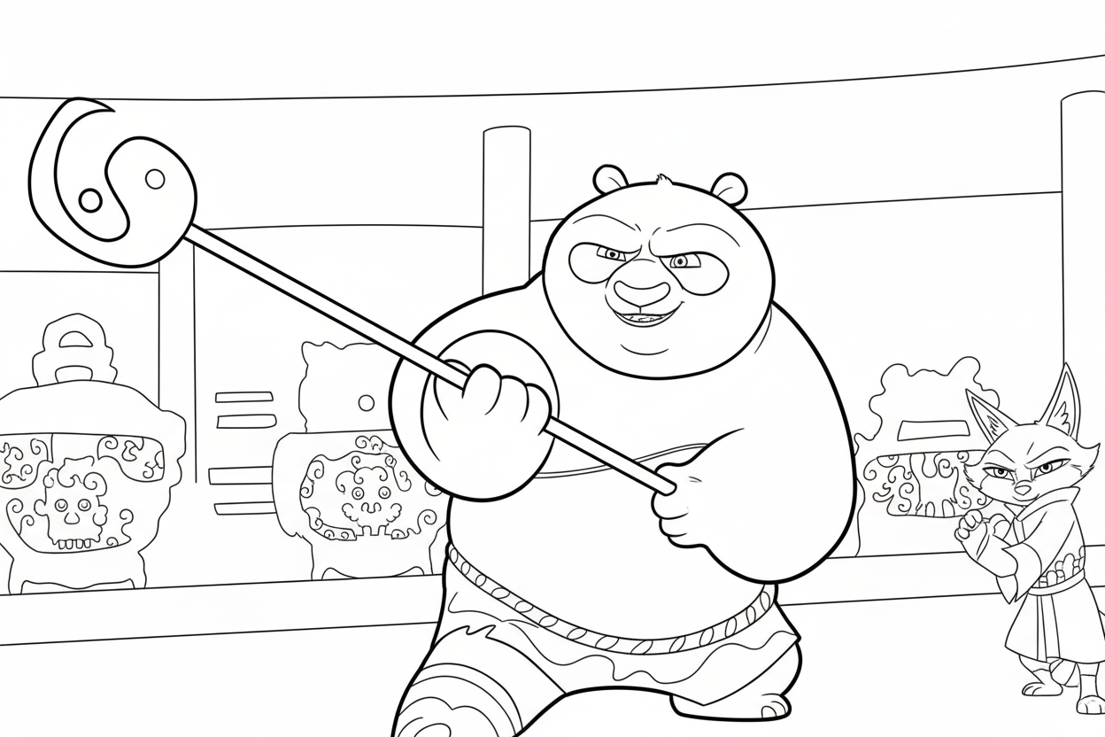 Kung Fu Panda 4 kleurplaat 9 training met een vriend strijd en samenwerking kleurplaat