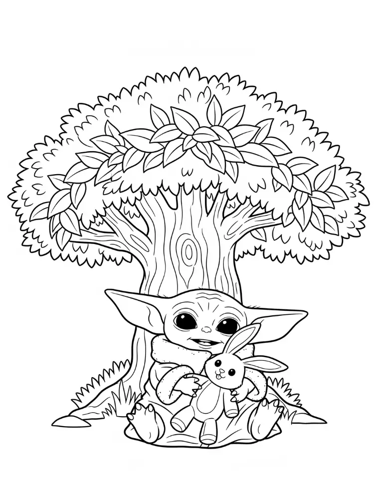 Kleurplaat Baby Yoda 10 baby yoda met knuffel konijn onder boom kleurplaat