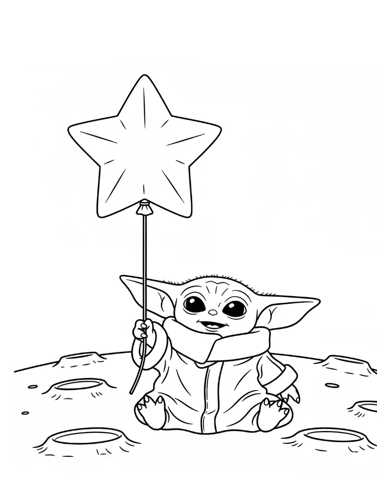 Kleurplaat Baby Yoda 9 baby yoda met ster op de maan kleurplaat