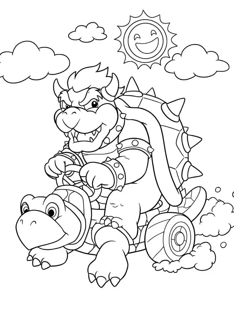 Kleurplaat Mario kart 8 bowser op schildpad kart kleurplaat