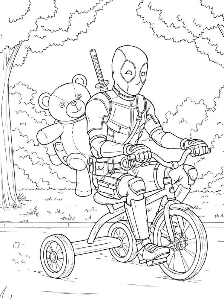 Kleurplaat Deadpool 10 deadpool op een driewieler kleurplaat