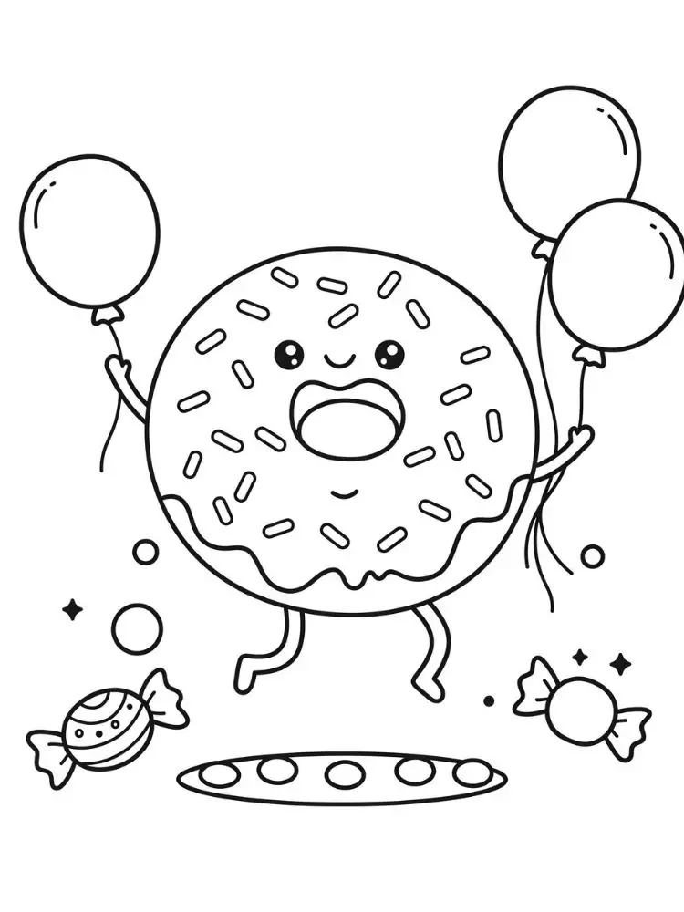 Kleurplaat Kawaii 9 feestelijke donut met ballonnen kleurplaat