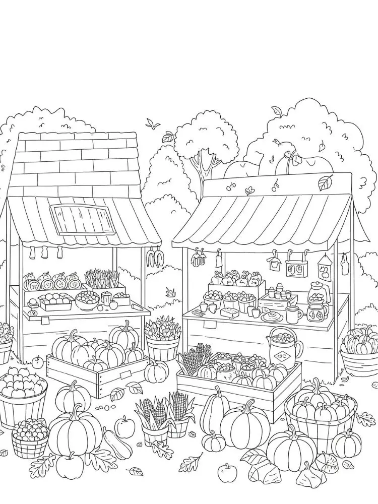 herfstmarkt vol pompoenen en lekkers kleurplaat