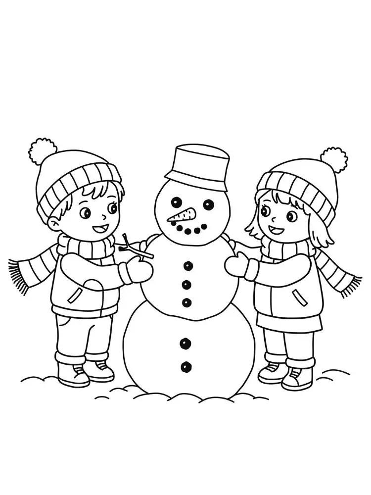 Kleurplaat Winter 8 kinderen bouwen samen een sneeuwpop kleurplaat