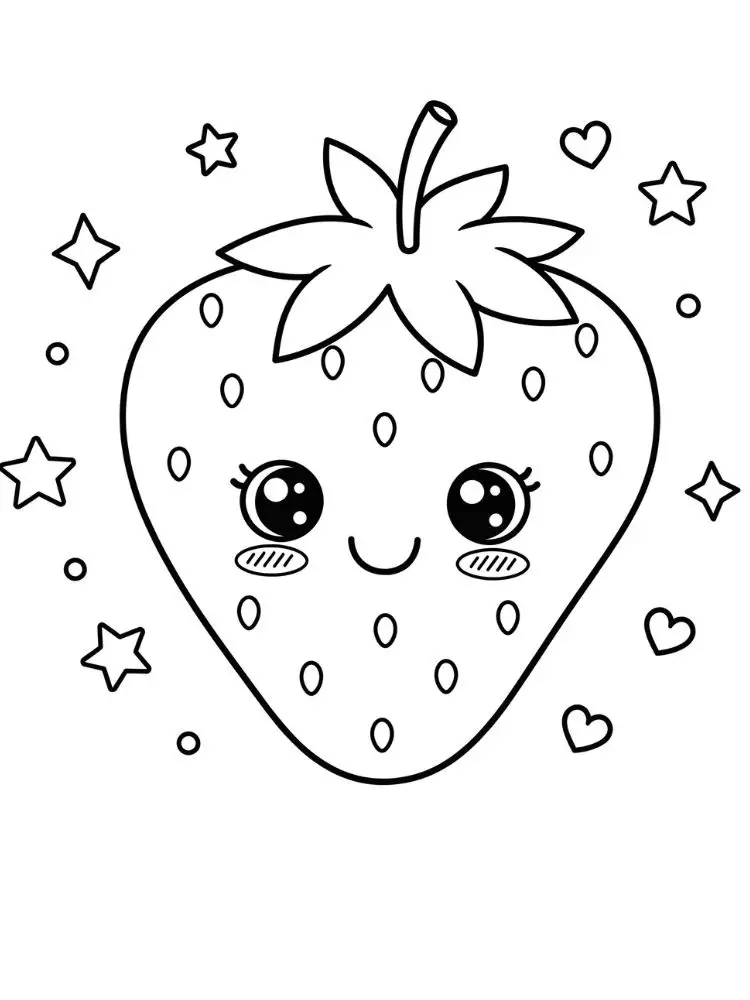 Kleurplaat Kawaii 8 lieve aardbei met glimlach kleurplaat
