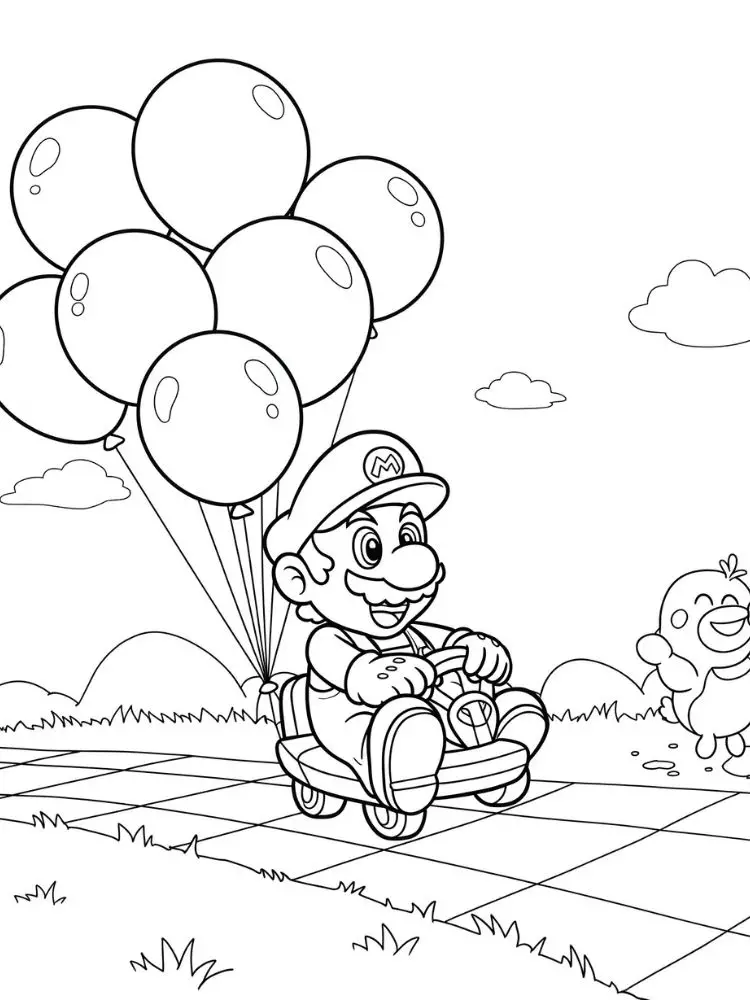 Kleurplaat Mario kart 10 mario met ballonnen kleurplaat