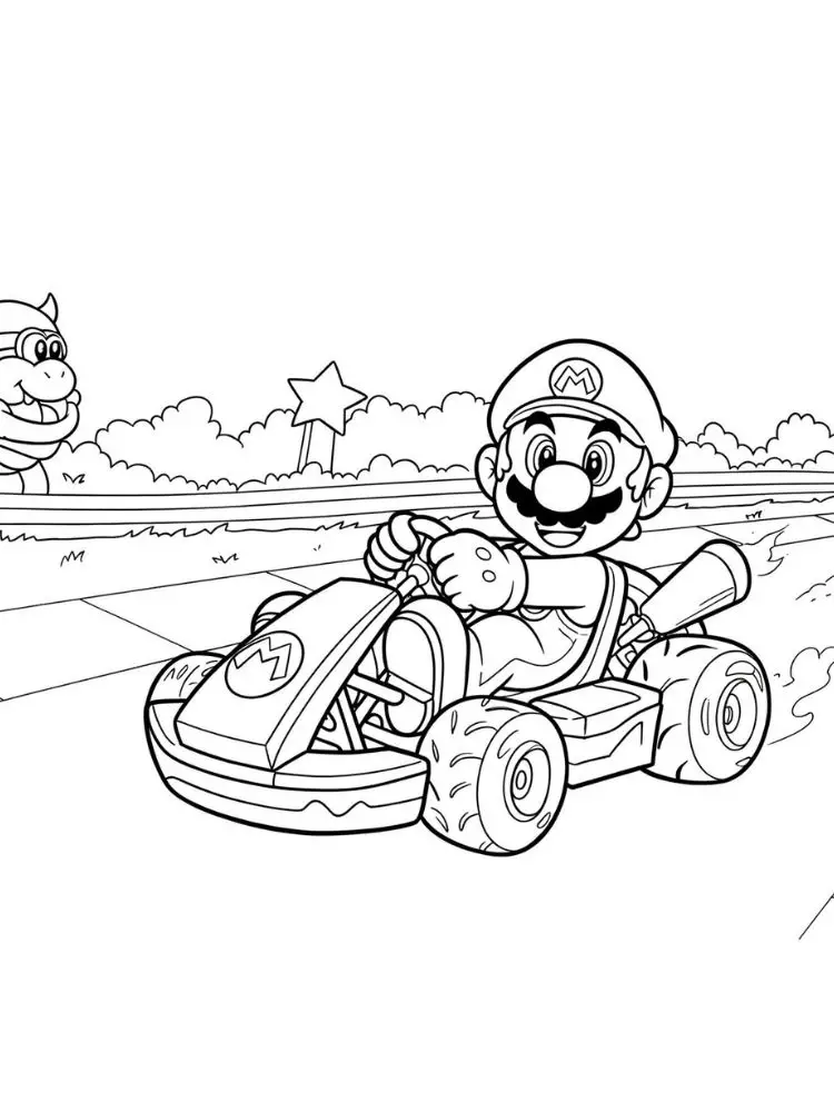 Kleurplaat Mario kart 9 mario op het raceparcours kleurplaat
