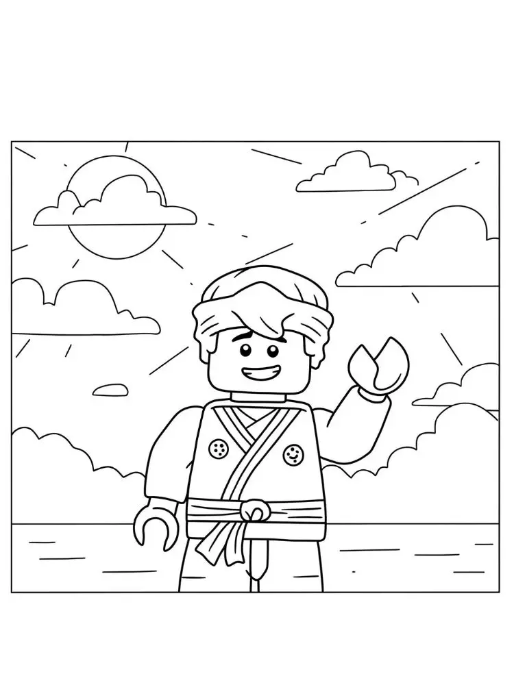 Ninjago kleurplaat 9 ninja zwaait bij zonsondergang kleurplaat