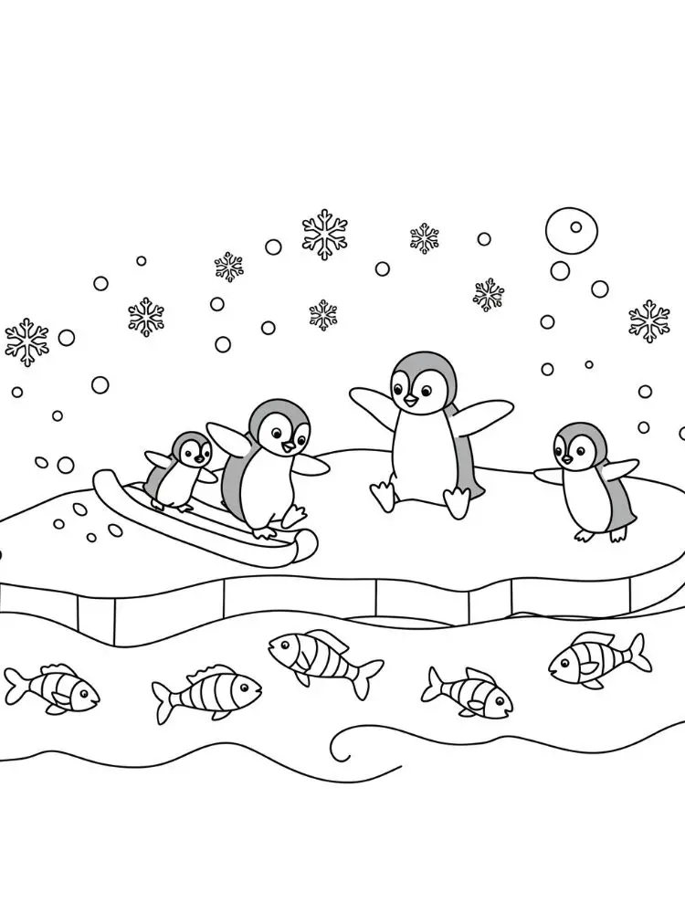 Kleurplaat Winter 10 pinguïns spelen op het ijs tussen de vissen kleurplaat