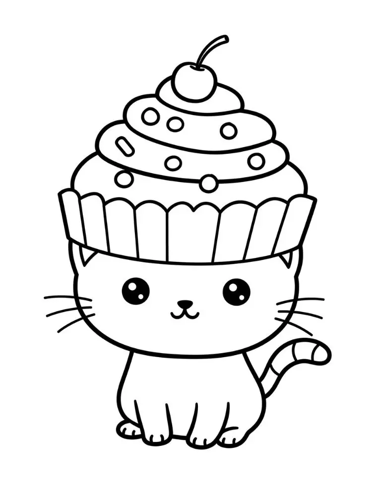 Kleurplaat Kawaii 10 schattige kat met cupcake kleurplaat
