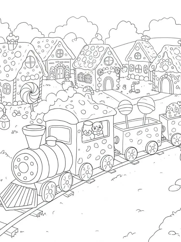 Kleurplaat trein 9 snoepjestrein door het dorp kleurplaat