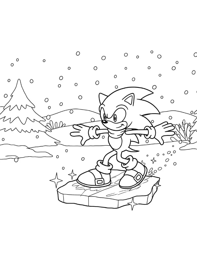 Kleurplaat Sonic The Hedgehog 3 9 sonic glijdt over ijs in de sneeuw kleurplaat