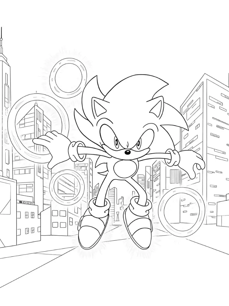 Kleurplaat Sonic The Hedgehog 3 8 sonic zweeft met ringen in de stad kleurplaat