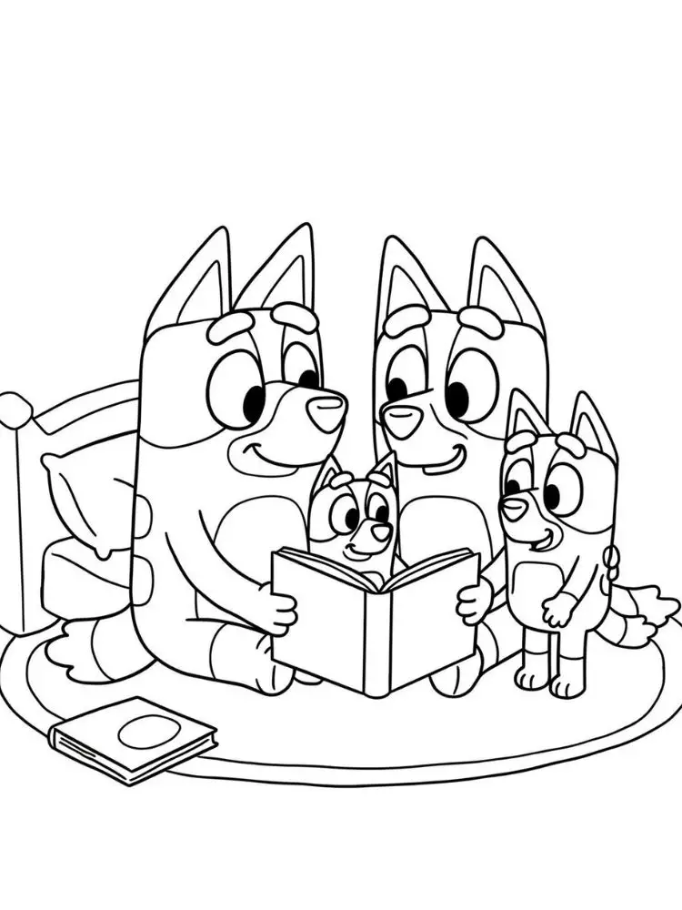 Bluey kleurplaat 10 verhaaltijd met de hele familie kleurplaat