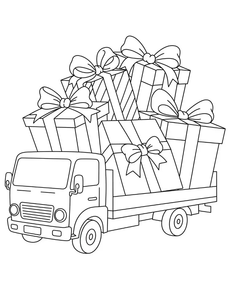 Kleurplaat vrachtwagen 8 vrachtwagen met cadeautjes en strikken kleurplaat