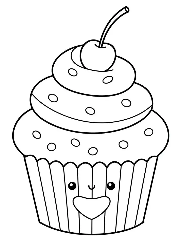 Kleurplaat Cupcake 10 vrolijke cupcake met kers en hartje kleurplaat