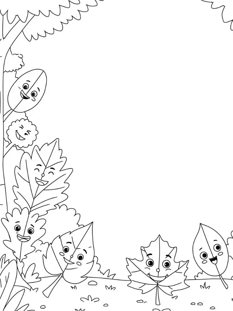 Kleurplaat herfstbladeren 9 vrolijke herfstblaadjes met gezichten kleurplaat