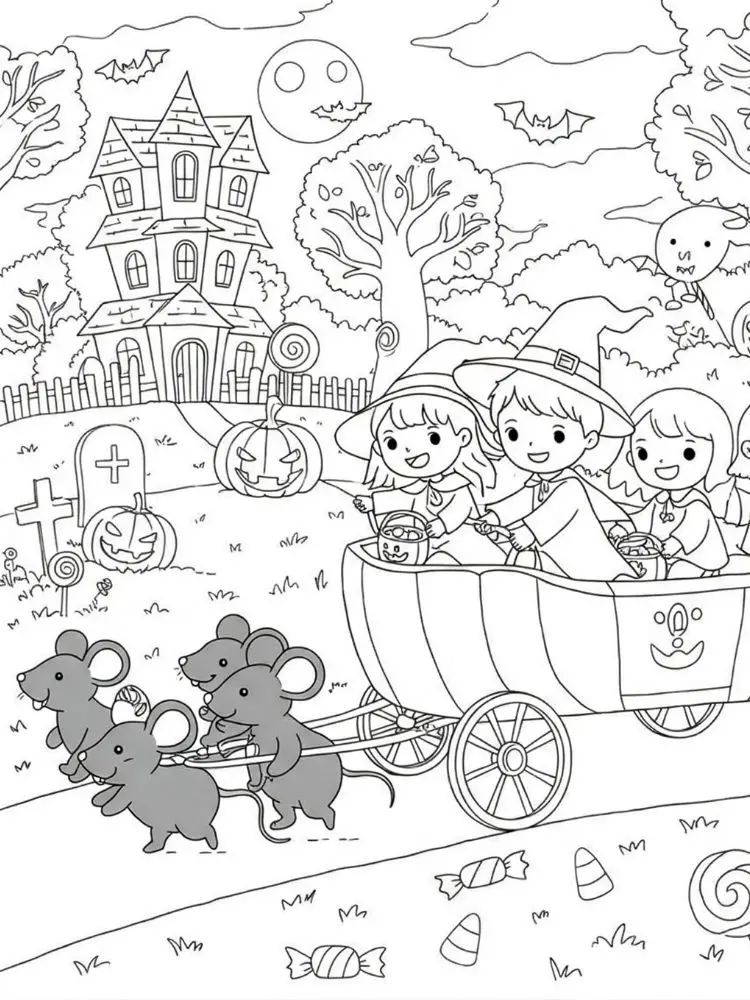 Halloween kleurplaat 9 heksenrit met muizen en kinderen kleurplaat