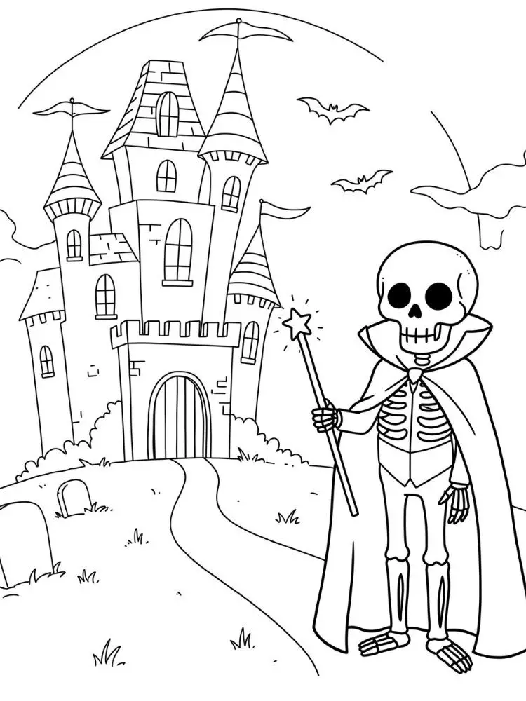 Kleurplaat Skelet 10 magisch skelet bij he spookkasteel kleurplaat