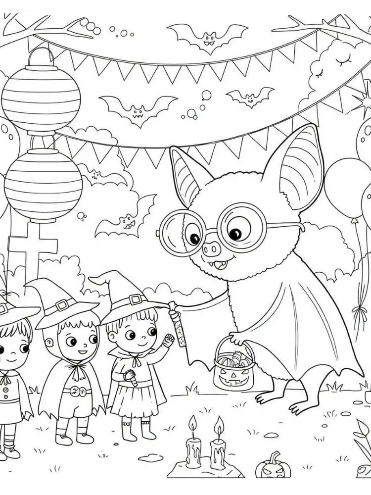 Kleurplaat Vleermuis 8 vleermuis feest met vriendjes kleurplaat