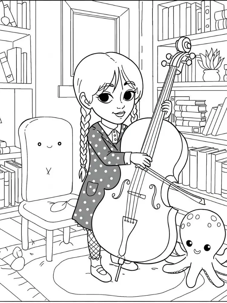 Kleurplaat Wednesday 8 wednesday speelt cello met octopus kleurplaat