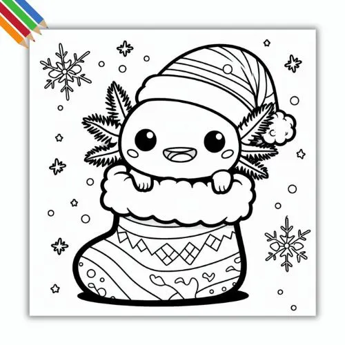 Kleurplaat Axolotl Kawaii Christmas Thumb