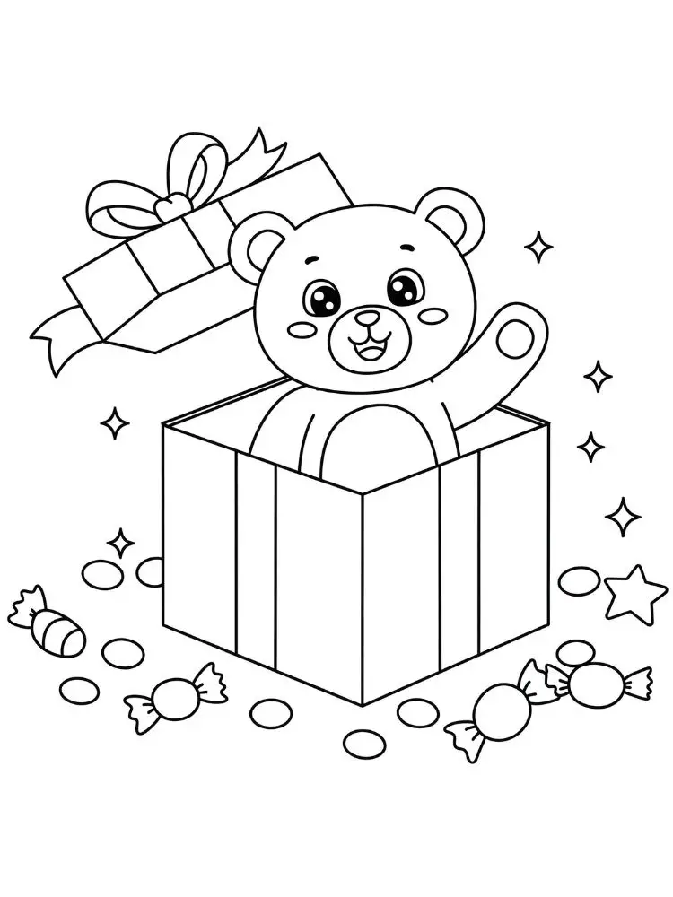 Kleurplaat Cadeautje 8 Verrassingsbeer in een cadeau kleurplaat