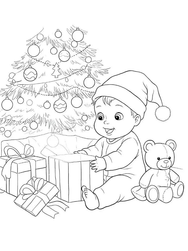 Kleurplaat kerst 10 baby met kerstcadeautjes kleurplaat