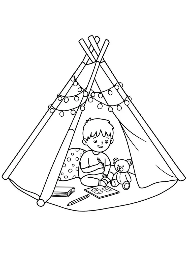 Kleurplaat Cozy Christmas 10 gezellige tentfeestje met kerstlichtjes kleurplaa