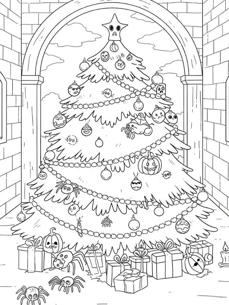 Kleurplaat Spooky Xmas 9 griezelige kerstboom vol verrassingen kleurplaat