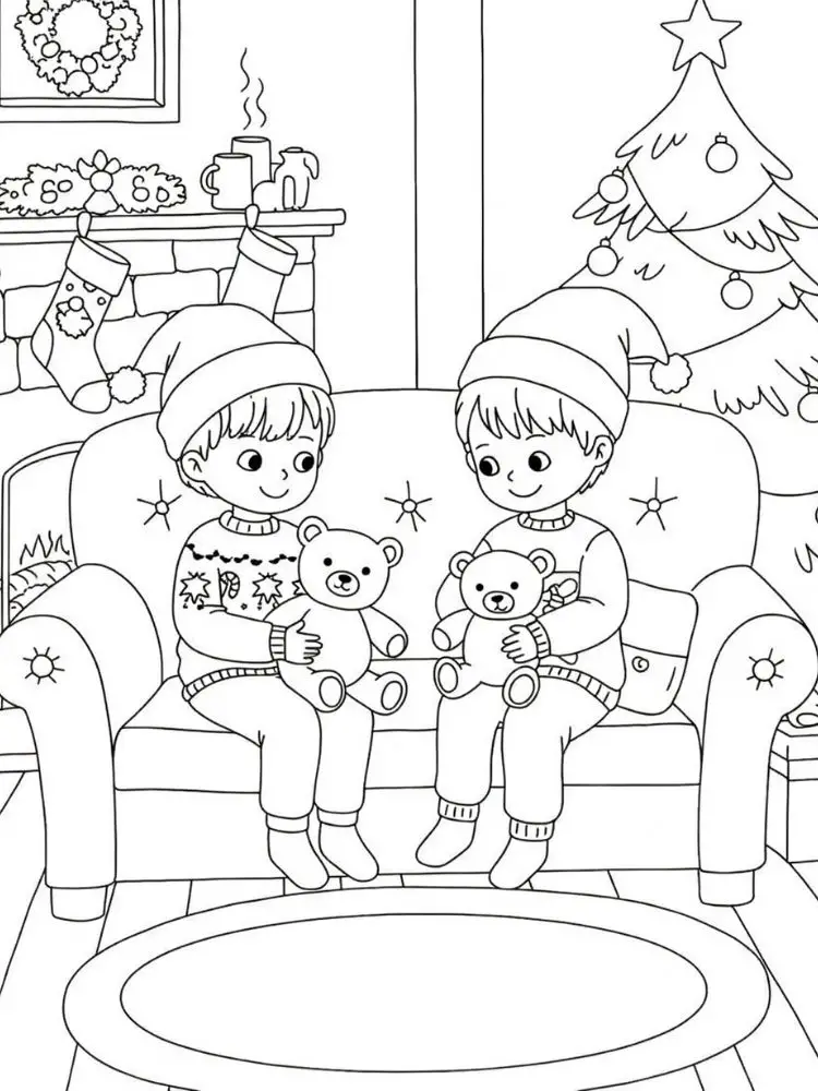 Kleurplaat Cozy Christmas 9 kerstknuffels op de bank kleurplaat