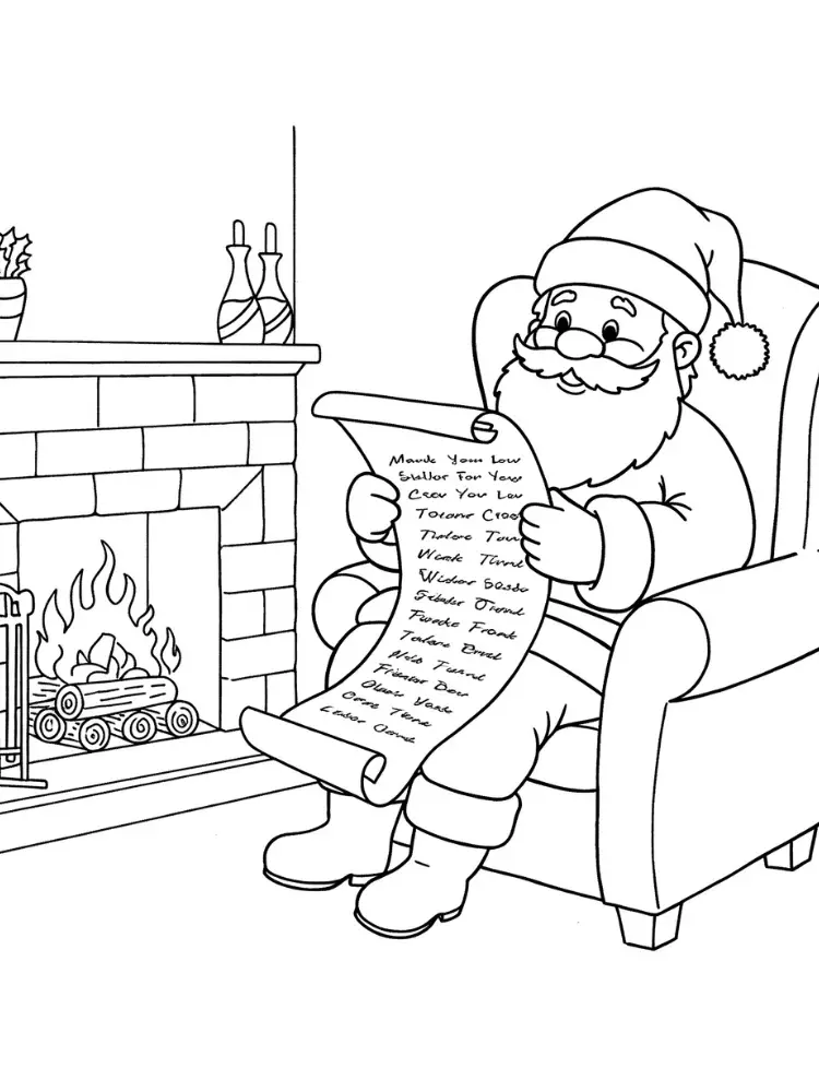 Kleurplaat Kerstman 8 kerstman leest verlanglijst bij haardvuur kleurplaat