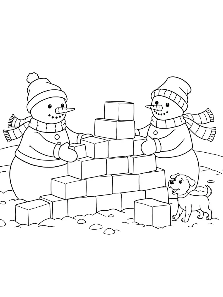 Kleurplaat Sneeuwman 9 sneeuwpoppen bouwen een iglo met hondje kleurplaat