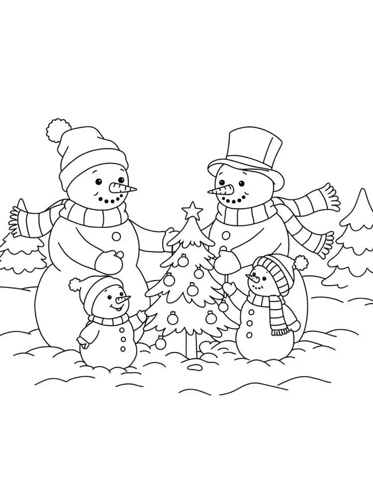 Kleurplaat kerst 8 sneeuwpoppen versieren kerstboom kleurplaat