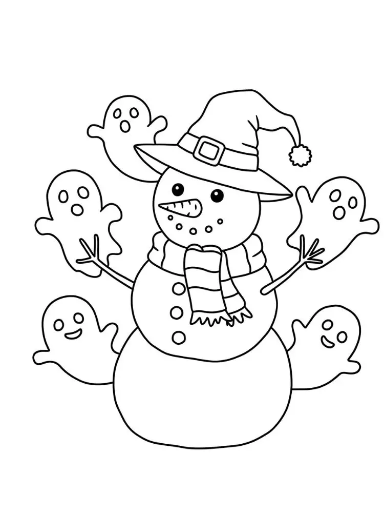 Kleurplaat Spooky Xmas 10 spookachtige sneeuwpop en vriendjes kleurplaat