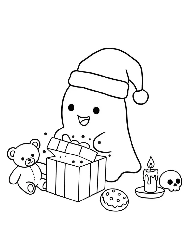 Kleurplaat Spooky Xmas 8 spookje opent magisch kerstcadeau kleurplaat