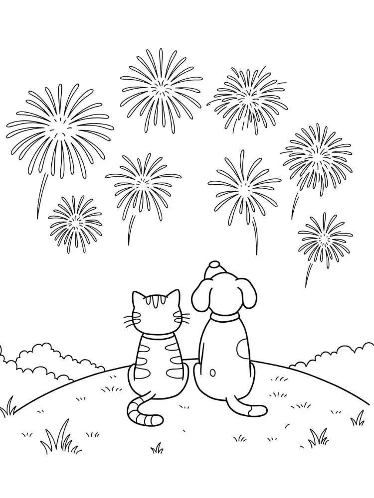 Kleurplaat Vuurwerk 9 kat en hond kijken naar vuurwerk kleurplaat