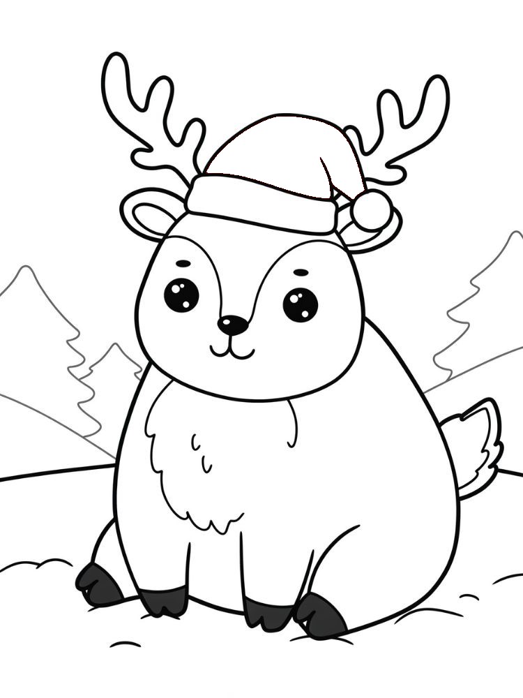 Kleurplaat Kawaii Christmas 8 kerst rendier met kerstmuts kleurplaat