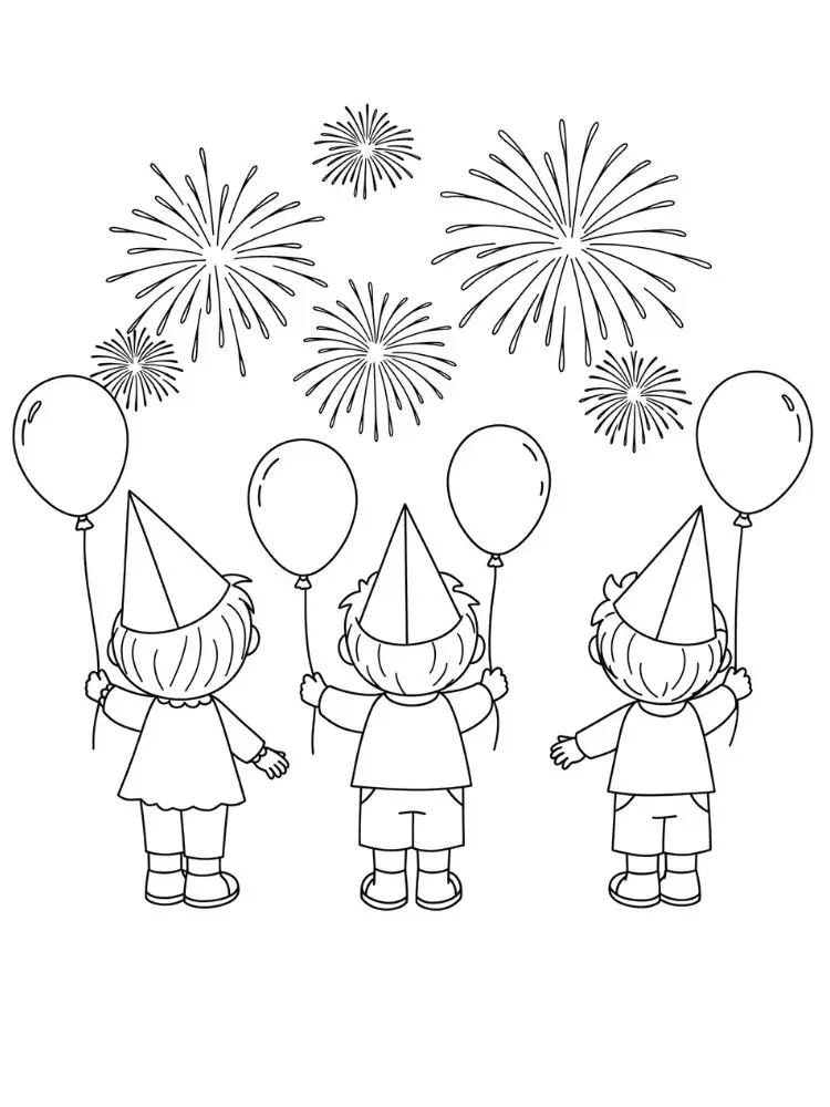 Kleurplaat Vuurwerk 8 kinderen met ballonnen en vuurwerk kleurplaat