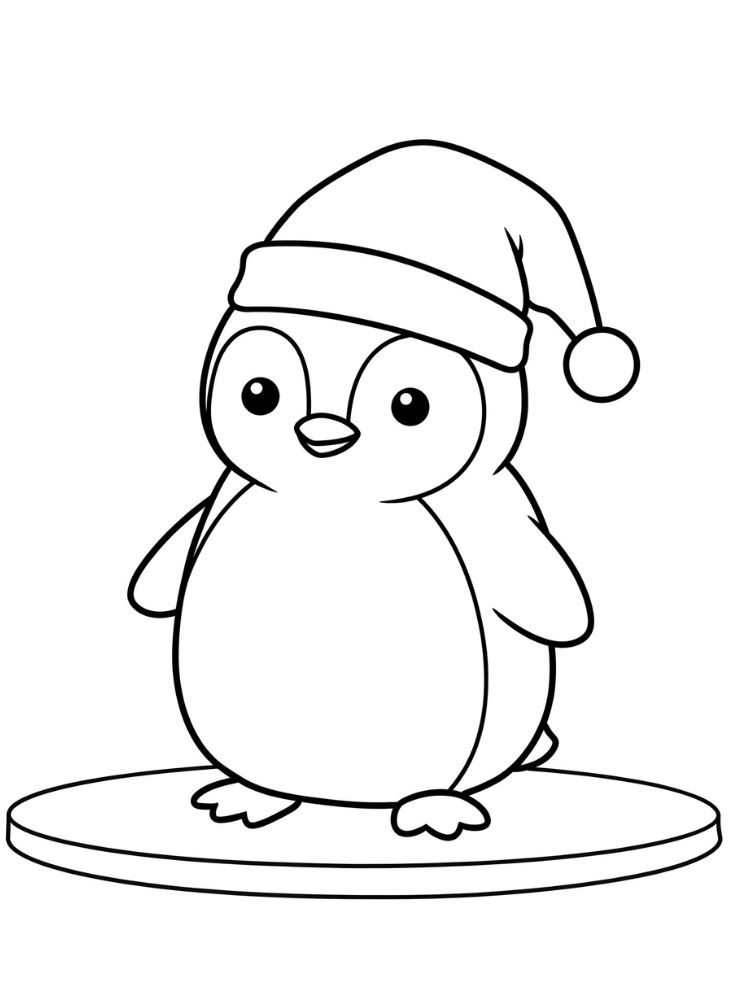 Kleurplaat Kawaii Christmas 9 schattige pinguin op ijs met kerstmuts kleurplaat