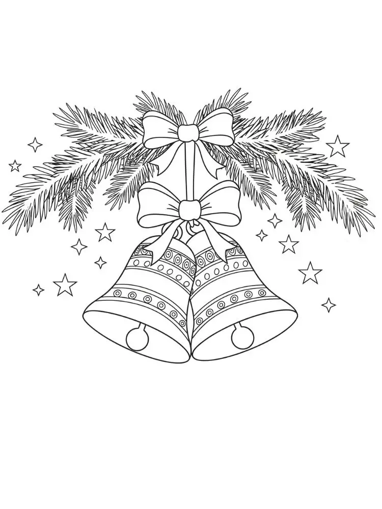 Kleurplaat Kerstklokken 8 sierlijke kerstklokken onder dennennaalden kleurplaat