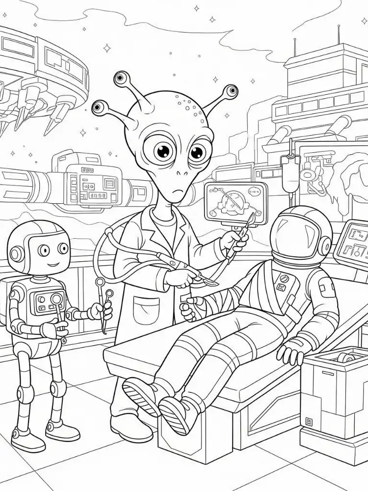Kleurplaat Dokter 8 alien dokter op ruimtemissie kleurplaat