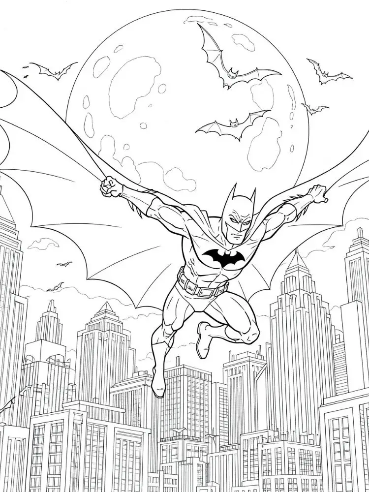 Kleurplaat Batman 9 batman vliegt onder de maan kleurplaat