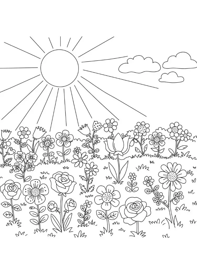 Kleurplaat Lente 9 bloemenweide onder een stralende zon kleurplaat