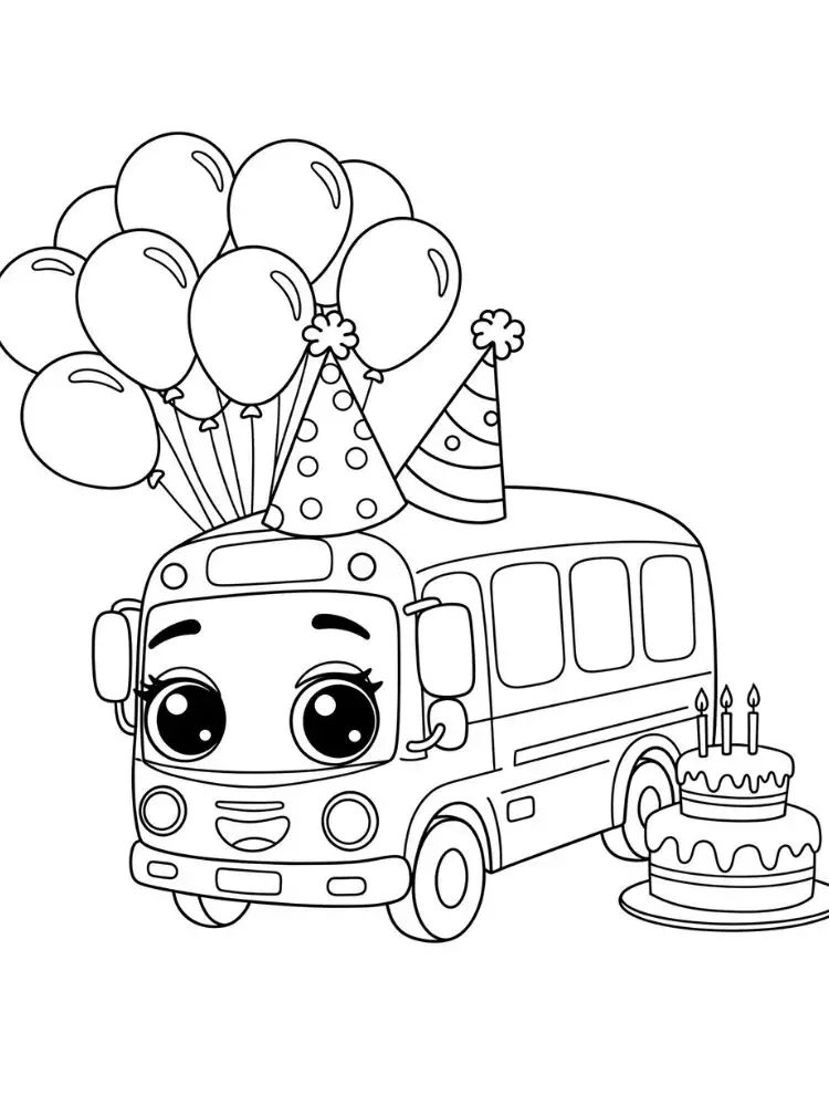 Kleurplaat Bus 9 feestbus met ballonnen en taart kleurplaat