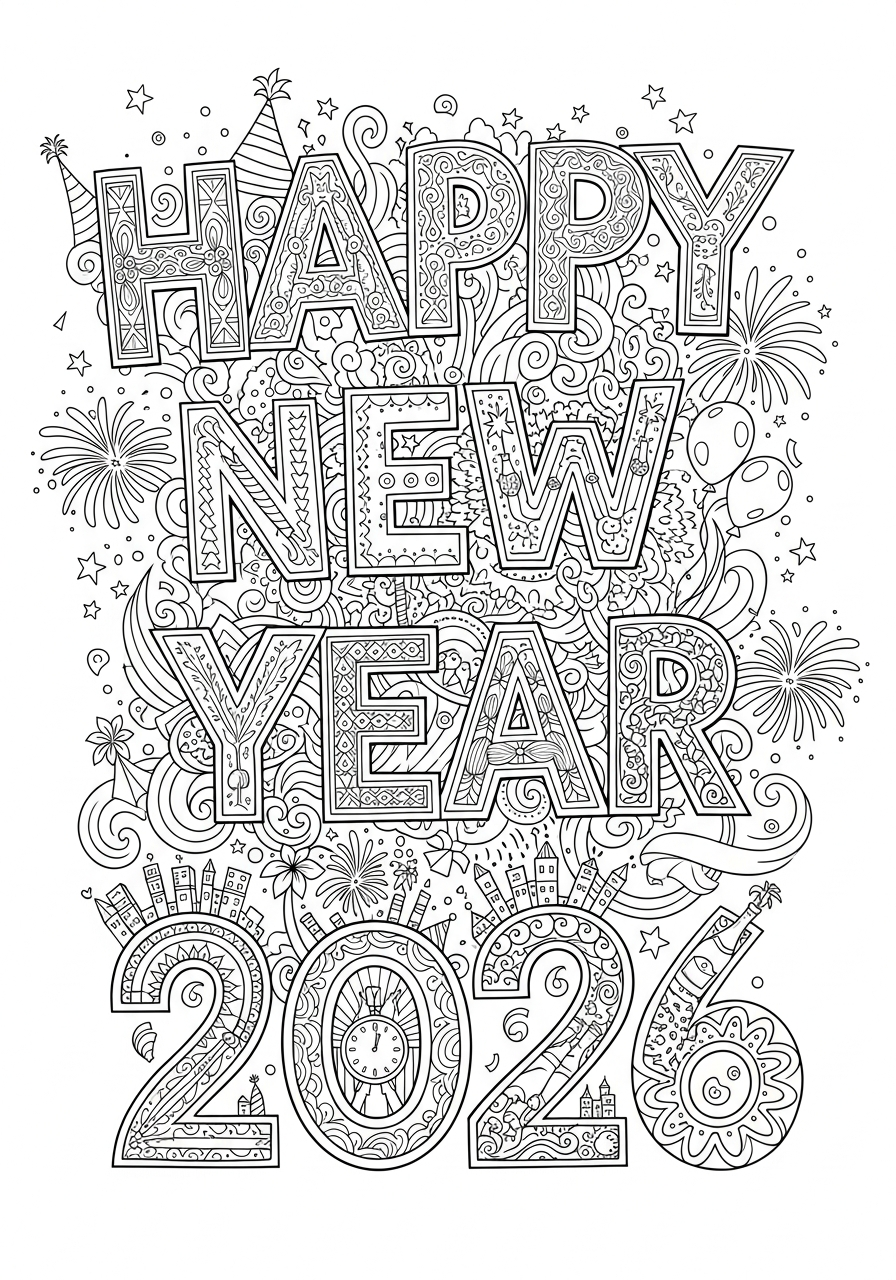 gelukkig nieuwjaar feestelijk ontwerp kleurplaat