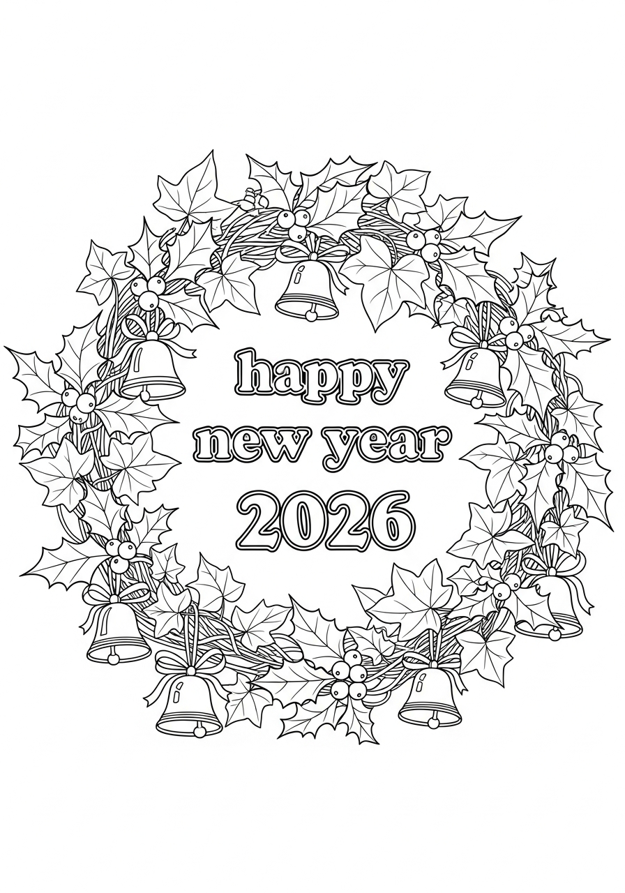 gelukkig nieuwjaar hulst krans kleurplaat